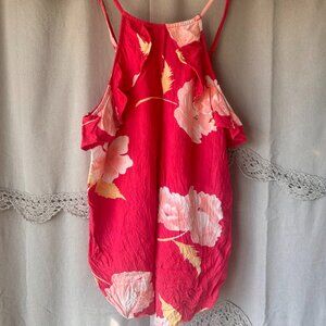 BIllabong Womens Small Red Pink Flowy Floral Ruffle Trim High Neck Halter Tank